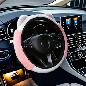 Veat00L - Funda Para Volante De Coche, Mullida Y Suave Felpa Para Invierno Cálido, Bonito Protector De Volante Con Orejas De Gato Gatito, Universal De 15 Pulgadas, Elástico Y Antideslizante