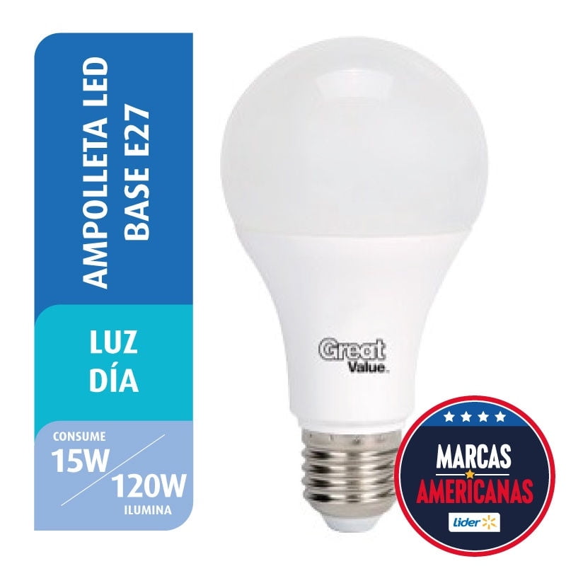 Great Value - Ampolleta Led Bola 15W Luz Día Base E27