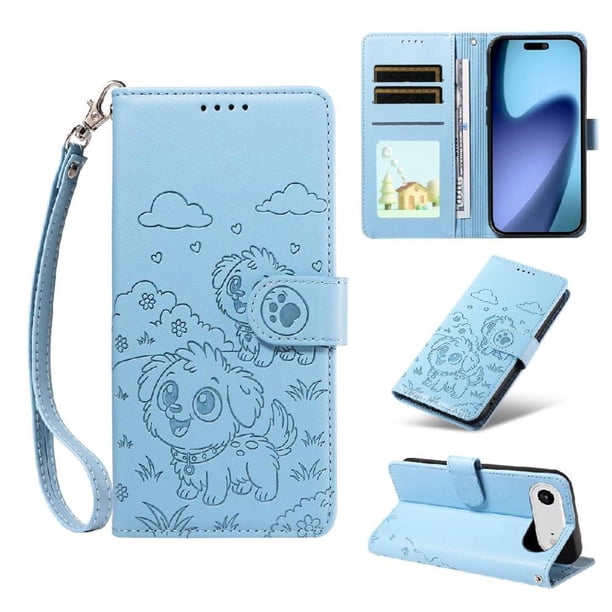 Funda Cartera para iPhone 17 Air Perro Cachorro Grabado con Tarjetas Soporte Correa Azul