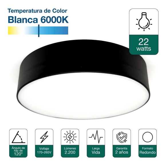 Foco Plafon Panel Led Redondo Sobrepuesto Itd Deco 22w 6000k negro