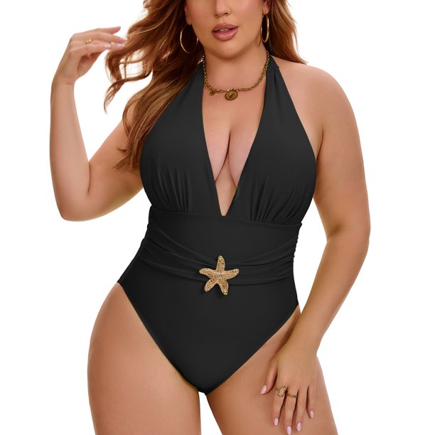 Agnes Orinda Traje de Baño de Una Pieza para Mujer de Talla Grande para Escuela y Universidad Halter Push Up con Fruncido Control de Abdomen para Playa y Vacaciones Talla 4X Negro