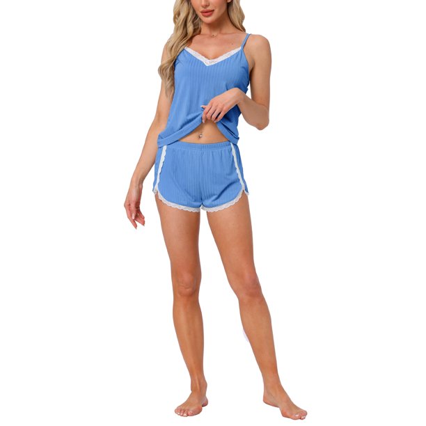 INSPIRE CHIC Conjuntos de Pijama para Mujer Conjunto de Ropa de Dormir Sin Mangas Tejido de Canalé con Encaje y Escote en V Camiseta con Pantalones Cortos Lencería Talla M Azul Marino
