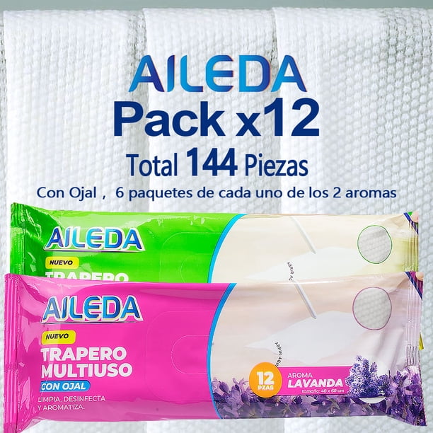 Aileda Trapero Humedo - 12 - Unidad Paquete de 12 bolsas (6 lavanda + 6 limón)- 40 Cm - 60 Cm fragancia de lavanda, limón trapero multiuso