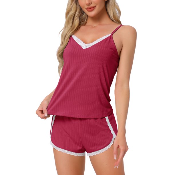 INSPIRE CHIC Conjuntos de Pijamas para Mujer Sin Mangas Ropa de Dormir Tejido de Canalé con Encaje Escote en V Camiseta con Pantalones Cortos Conjuntos de Lencería XL Vino