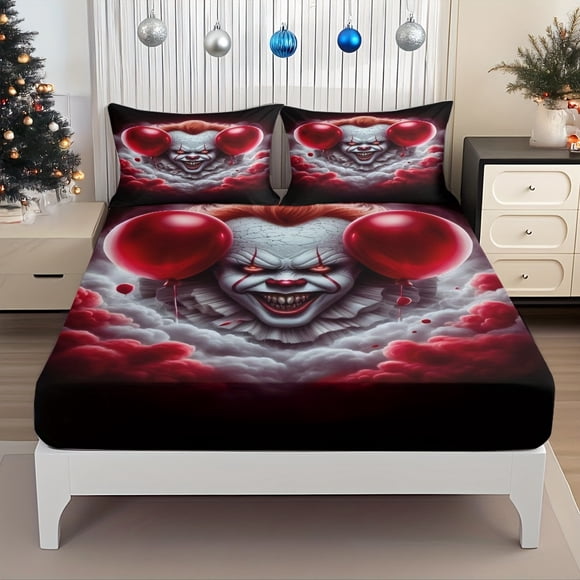 Fitted Sheet Set Featuring a Terrifying Clown with a Sinister Smile and Bright Red Balloons The Elastic Design Ensures Perfect Fit