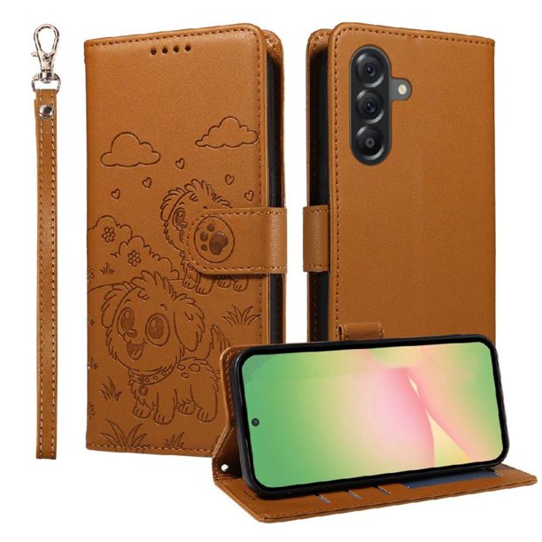 Funda Cartera para Samsung Galaxy A56 5G Perro Cachorro Grabado con Tarjetas Soporte Correa Marrón