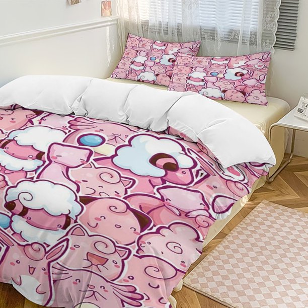 Jigglypuff Bed Duvet Cover Funny Anime Cartoon Bedding Sets Lightweight 3 Piece Comforter Sets