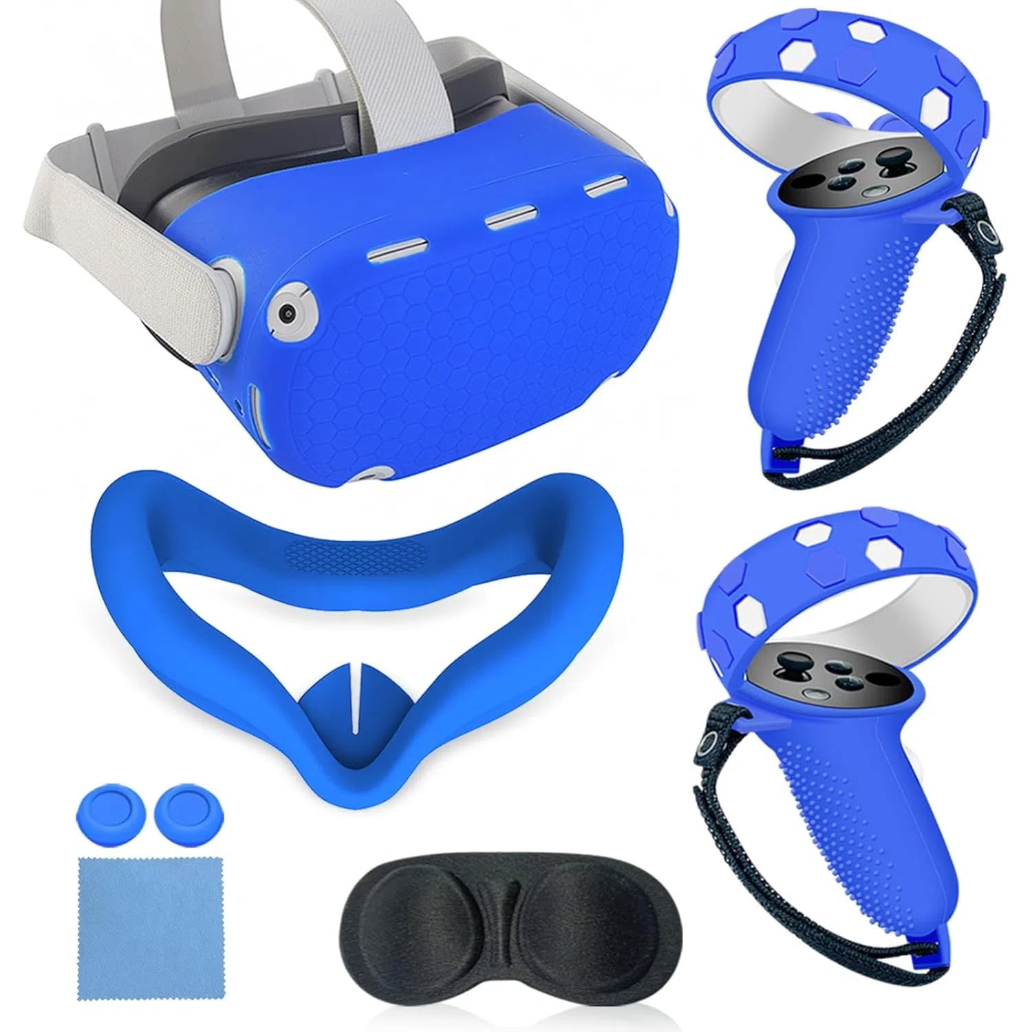 Genérico - Juego De Accesorios De Vr Para Quest 2: Carcasa De Silicona, Empuñaduras Para El Mando, Protector Facial, Tapones Para Los Botones, Juego De Paños Para Las Gafas Y Protector De Lentes-azul