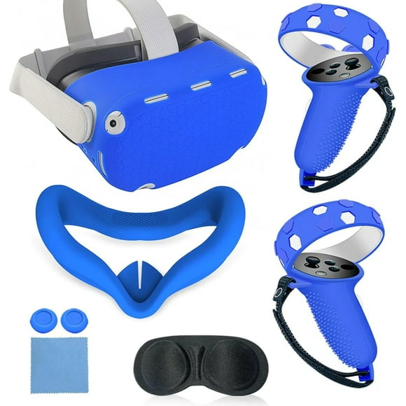 Juego de accesorios de VR para Quest 2: carcasa de silicona, empuñaduras para el mando, protector facial, tapones para los botones, juego de paños para las gafas y protector de lentes-Azul