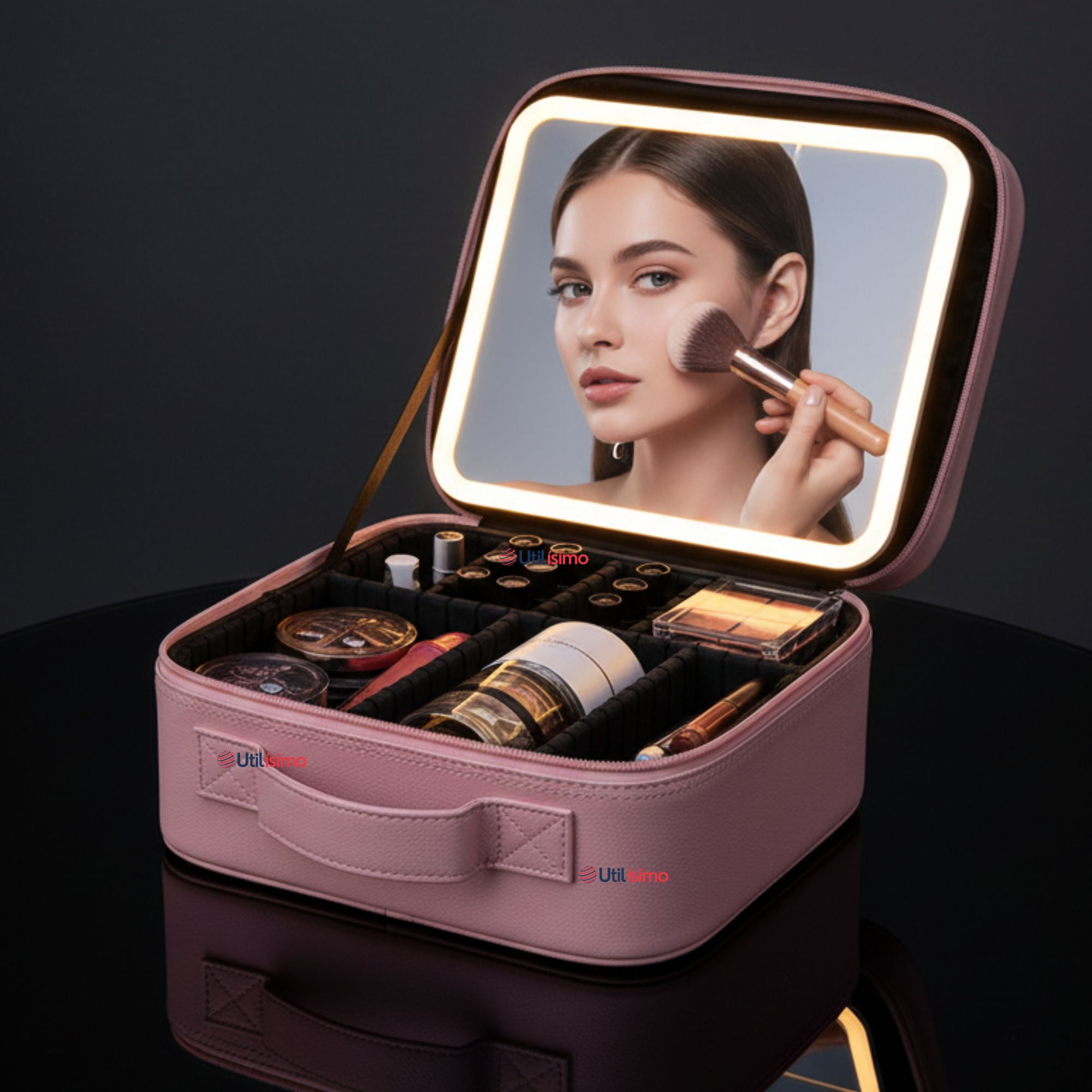 Utilisimo - Estuche Maquillaje 2 En 1 Bolso Cosmetiquero Espejo Con Luz Led Organizador Rosa
