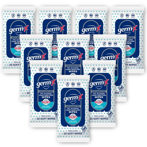 Toallitas desinfectantes para manos Germ-X Advanced con 70% de alcohol, 20 toallitas x10