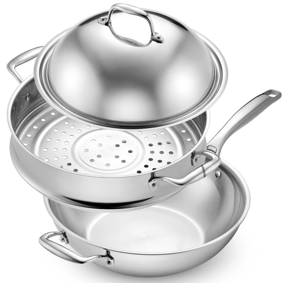 Juego de wok LEGEND COOKWARE de acero inoxidable de 5 capas, 5 L + tapa + vaporera