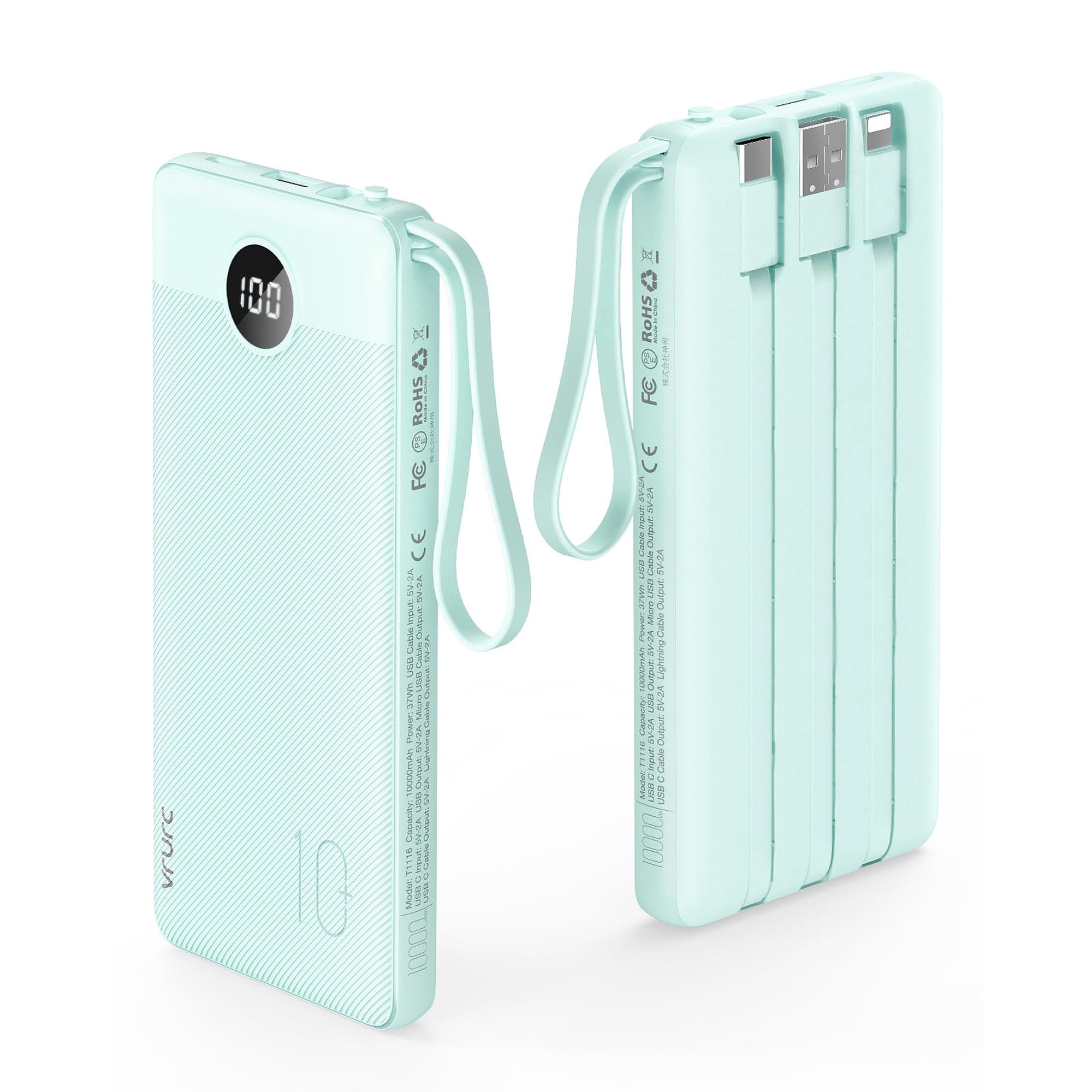 Banco De Energía Vrurc De 10000 Mah Con Cables Integrados, 5 Salidas Y 2 Entradas