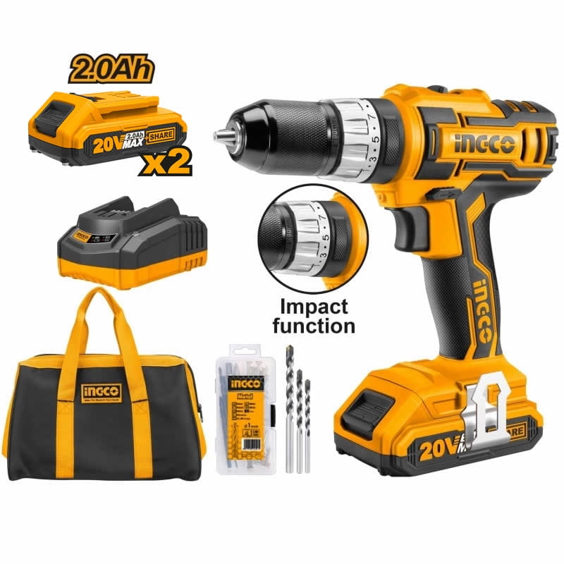 Taladro Atornillador C/percutor 20v - 2 Bat. Y Cargador C/bolso (cidli2002) Ingco