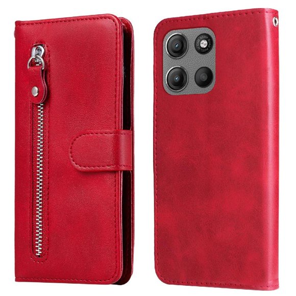 Funda tipo cartera para Motorola Moto G15 Power con bolsillo con cremallera y ranuras para tarjetas – Función de soporte Rojo
