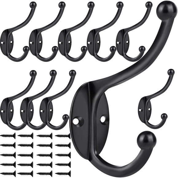 Ganchos de pared ZEYU de 10 piezas, dobles, negros y resistentes al óxido