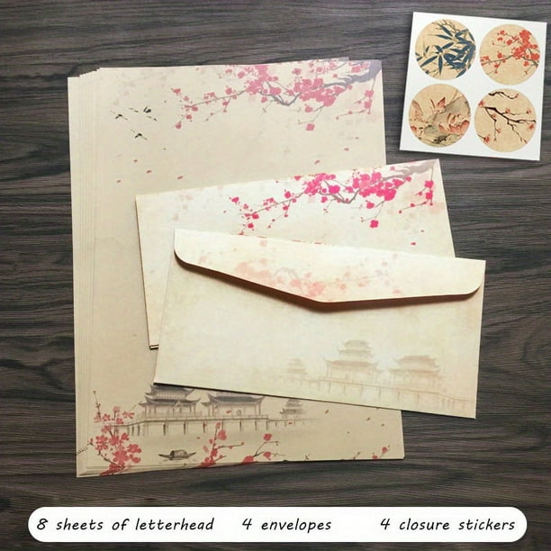 Classic Vintage Stationery Set - 16 Pieces Including 8 Writing Papers, 4 Envelopes, and 4 Stickers with Larger Sheets Than Expected