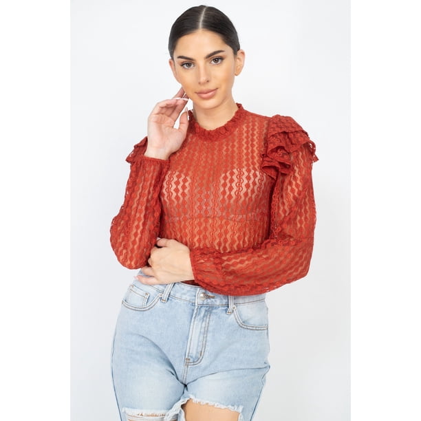 Top con Volantes de Encaje de Crochet Transparente