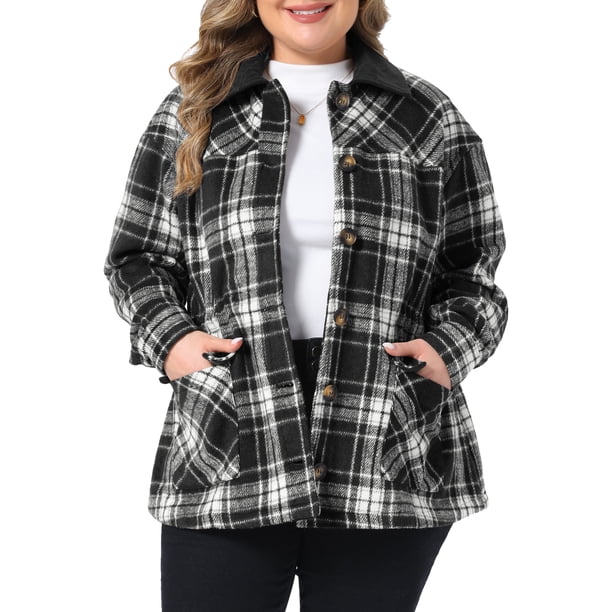 Agnes Orinda Conjuntos de Halloween Chaqueta Casual de Franela a Cuadros para Mujer de Talla Grande con Cuello de Pana Contrastante, Abotonada, de Manga Larga con Bolsillo 3X Negro