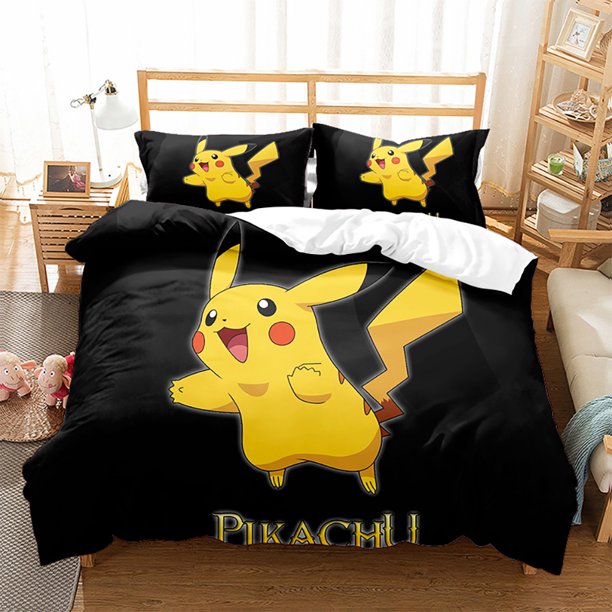 Pok-mon Pika-chu 3 Pcs Comforter Set with 2 Pillowcases,Pokmo-n Pikach-u Bedding Set Sheet Set for Kids Adults,All Season Lightweight Bedding Set for Bedroom Bed Dorm Decor Bed She