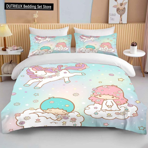 v821 Bed Sheets Kawaii Little Twin Stars Printed Bedding Set Cartoon Anime Duvet Cover Comforter Pillowcase Boys Girls Kids Adults King 3-Piece Bedding Set (1 Duvet Cover + 2 Pillow Shams) Bed Sheets