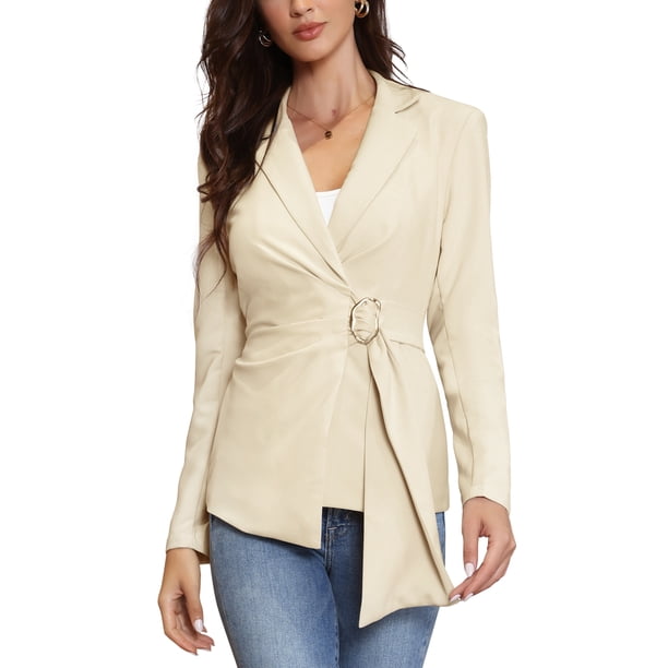 INSPIRE CHIC Blazer Casual para Mujer con Solapa, Cinturón de Hebilla, Manga Larga, Traje de Oficina, Talla M, Color Albaricoque