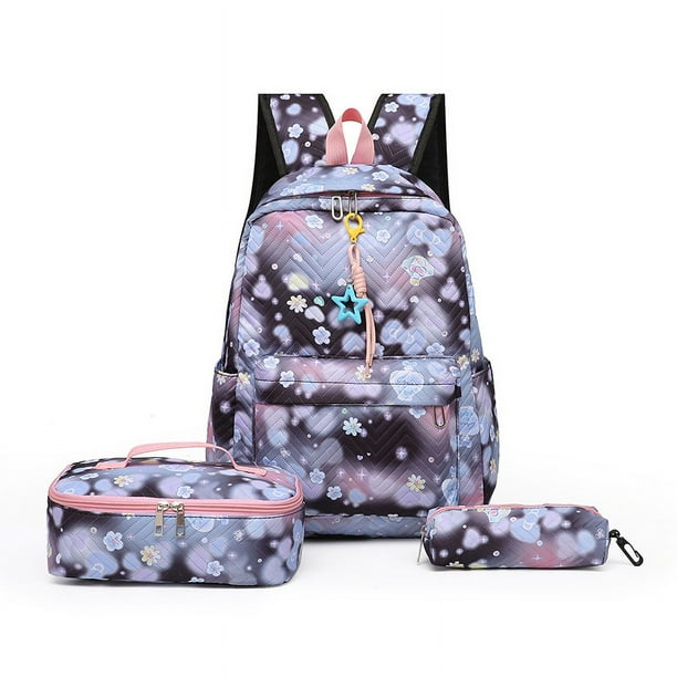 Girl Flower Printed Primary Junior High University Bookbag Lunch Bag Pencil Case 3pcs Backpack Sets Youth School Backpacks