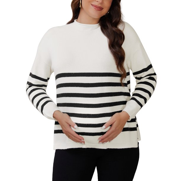 Tops de Suéter de Maternidad para Mujeres Camisas de Manga Larga con Abertura Lateral de Rayas Cuello Simulado de Punto para Embarazo XL Blanco