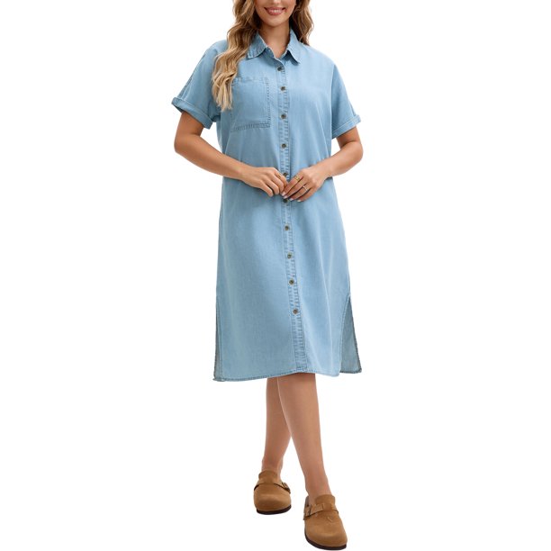 INSPIRE CHIC Vestido Camisero de Mezclilla para Mujer Regreso a Clases Manga Corta Botones Casual Vestido Midi Azul Claro 2XL