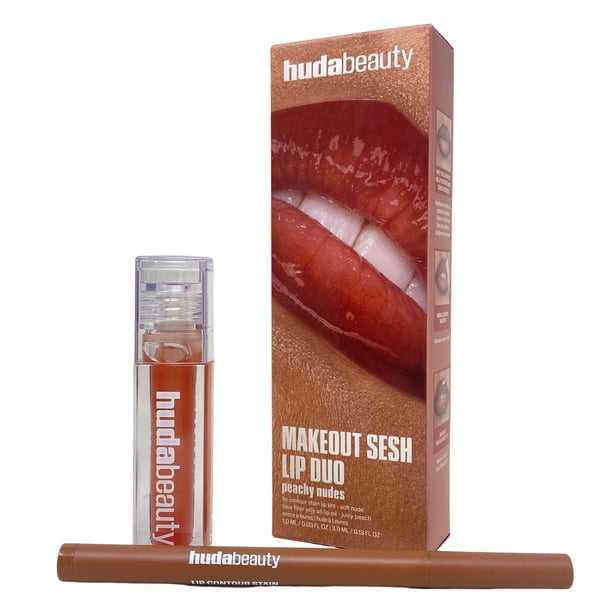 Huda BEAUTY Duo de Labios Make Out Sesh - Tinte para Contorno de Labios y Brillo Labial Faux Filler - Tonos Nude Durazno - Edición Limitada