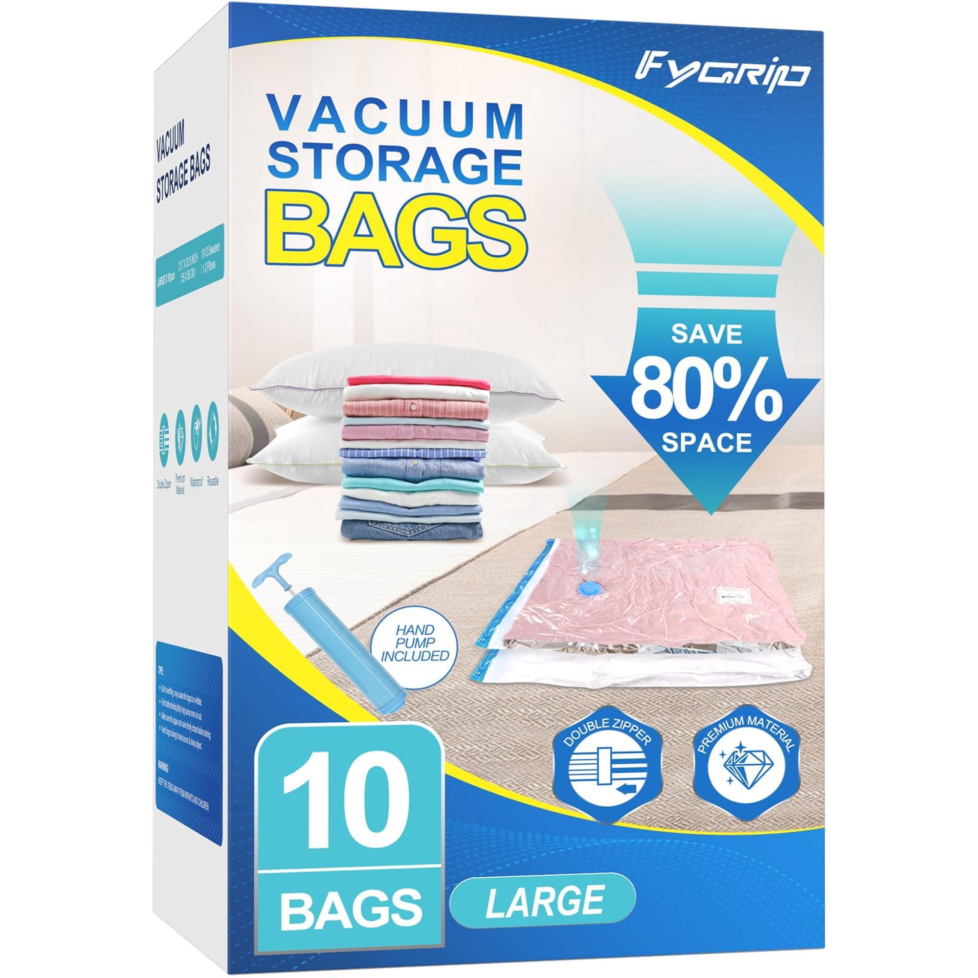 Bolsas De Almacenamiento Al Vacío Fygrip, Paquete De 10 Unidades, Tamaño Grande, Con Bomba Manual
