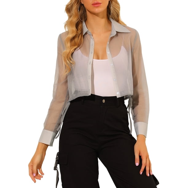 INSPIRE CHIC Camisa de Mujer con Botones al Frente, Cuello en Punta, Malla Transparente, Mangas Largas, Talla XS, Gris