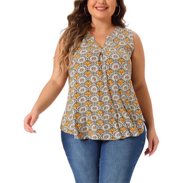 Top de talla grande para mujer sin mangas con estampado floral, blusa de tirantes con cuello en V, camisetas 1X marrón