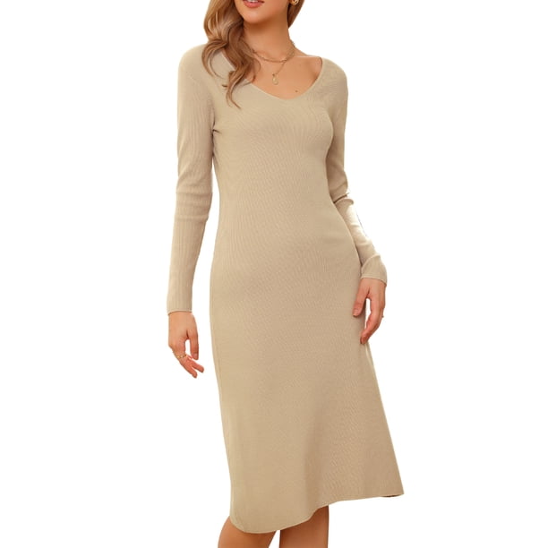 INSPIRE CHIC Vestido Midi Elegante para Mujeres con Cuello en V y Mangas Largas - Perfecto para Cualquier Ocasión M Beige