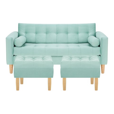 Bodevir - Sofa Retro 3C + 2 Pouf Felpa 05 Verde Agua