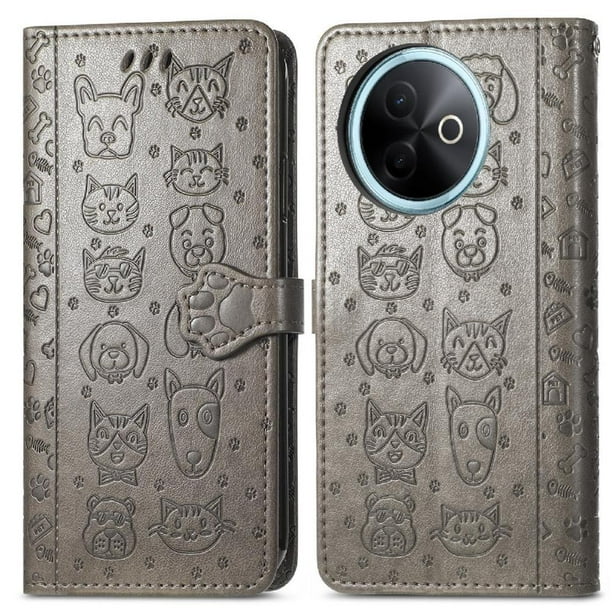 Funda Cartera FOXDOCK para Vivo Y39 5G , Flip PU con Relieve de Gatos y Perros, Tarjetero y Soporte