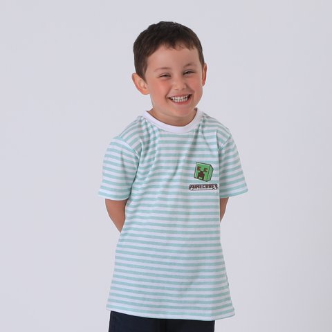 Polera Manga Corta Niño Verde Rayas Creeper Minecraft