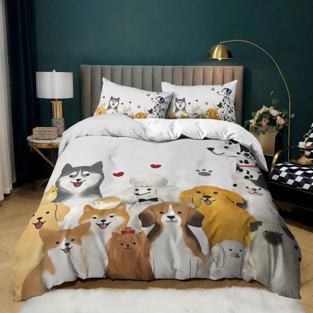 x847 Bed SheetsCartoon Dog Duvet Cover Set Golden Retriever Teddy Bedding Set For Dog Lover Girl Boy Soft Polyester Size Quilt Cover 3-Piece Bedding Set (1 Duvet Cover + 2 Pillow Shams) nj847