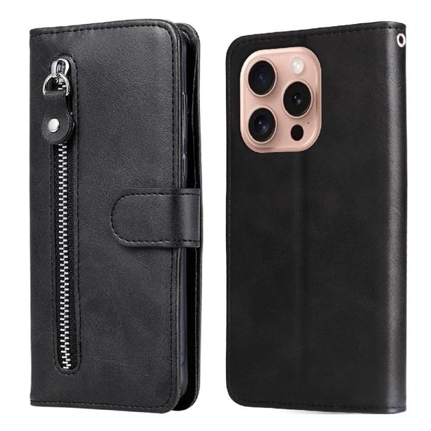 Funda tipo cartera para iPhone 16 Pro con bolsillo con cremallera y ranuras para tarjetas – Función de soporte Negro