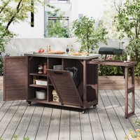 M&Ms - K&K 78.3"" Outdoor Kitchen Island With Foldable Grill Table, Wooden Outdoor Grill Cart With Trash Can Storage & Stainless Steel Top, Outdoor Bar Cart, Pizza Oven Table For Lawn & Garden, Dark Brown