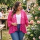 thumbnail image 3 of Agnes Orinda Trajes de Halloween para Mujeres Tallas Grandes Cárdigans de Escuela Universitaria Abiertos al Frente Mangas 3/4 Acampanadas Encaje Transparente Floral Cubierta Bolero Chalecos 2X Rosa, 3 of 8