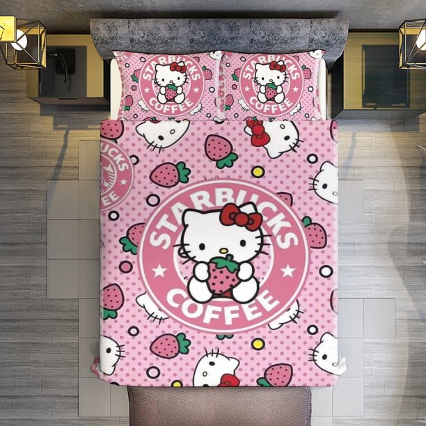 Hello Kitty Strawberry Coffee 3 Pieces Duvet Cover Set Full Size Super Soft Fade Resistant Microfiber