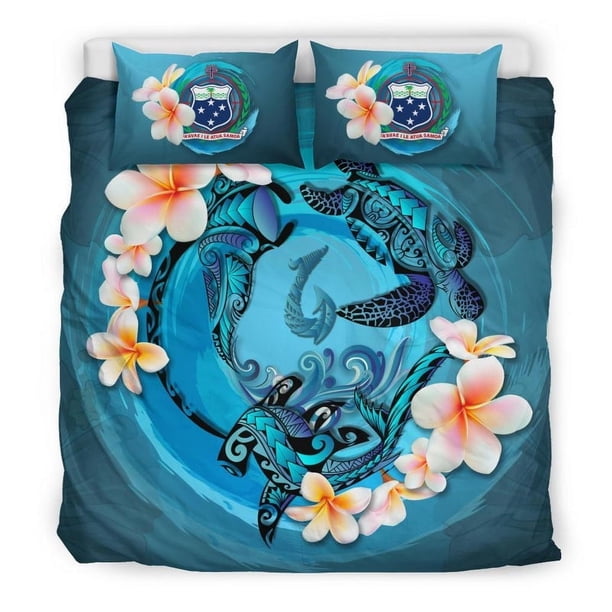 Juego De Funda Nórdica Polinesia Samoa Bedding Set Blue Plumeria Animal Tattoo