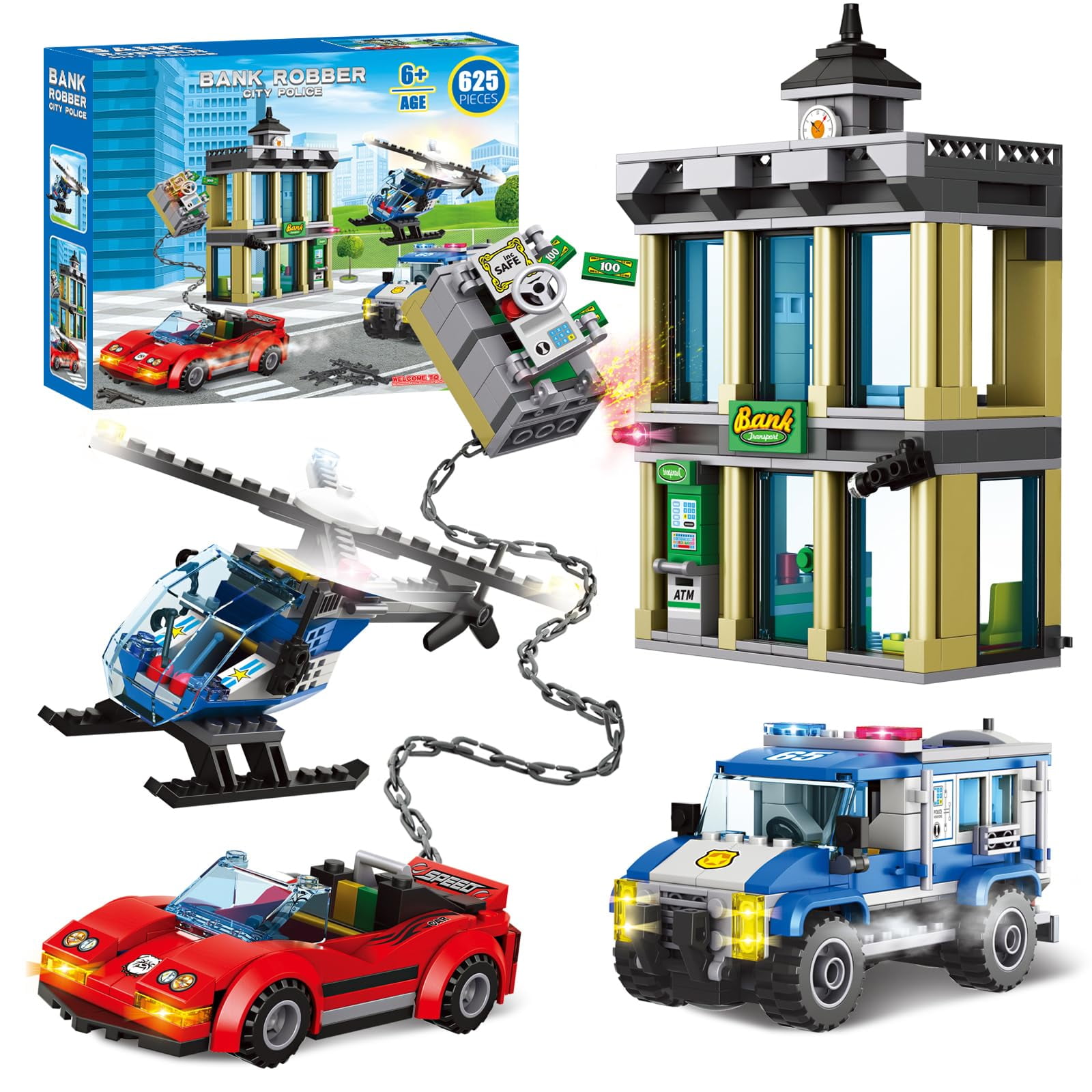 Inratell - Set De Bloques De Construcción City Police Catch Thief Con Coche Y Helicóptero