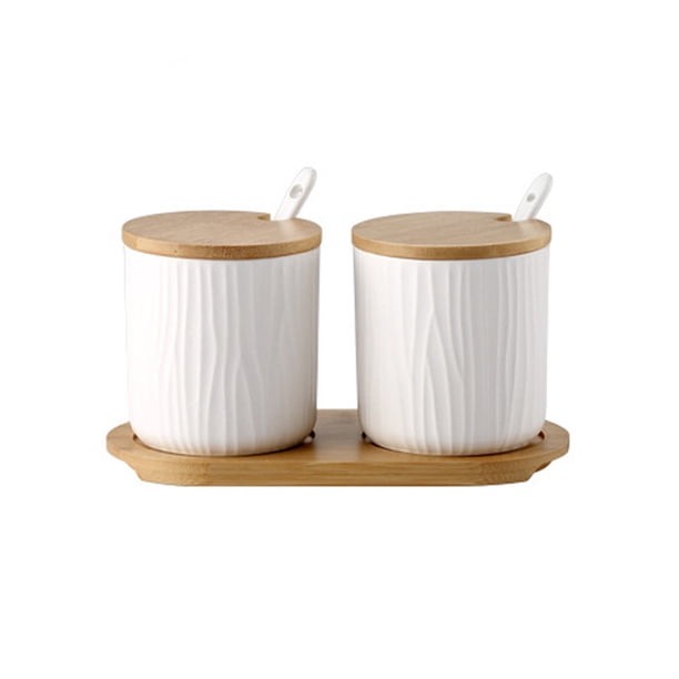 Juego de 2 tarros de especias de cerámica OnePine, azucarero de cerámica con cuchara y tapa de bambú para té, azúcar, sal y especias en casa y en la cocina.