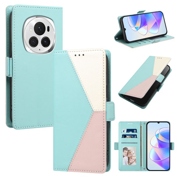 Cartera Plegable para Honor Magic6 Pro, PU Tricolor con Ranuras, Verde