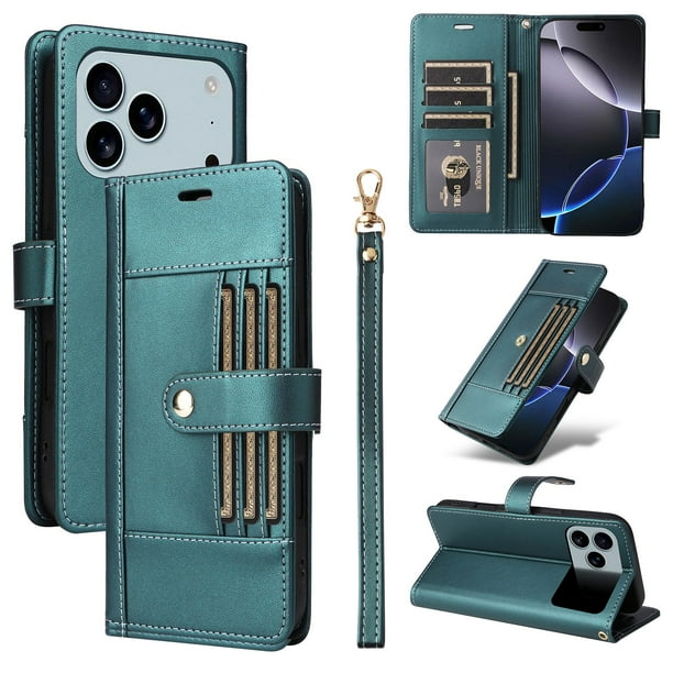 FOXDOCK Funda tipo Cartera para iPhone 17 Pro Max – Cubierta de Cuero PU con Múltiples Ranuras, Bolsillo para Efectivo y Correa de Muñeca