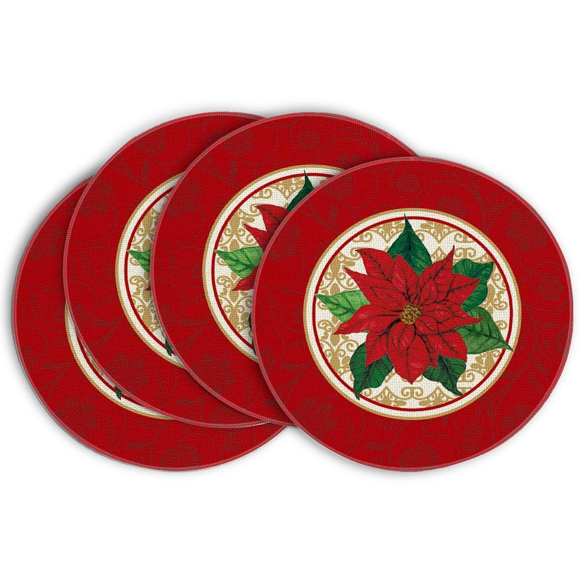 Xusx111 - Acuarela Poinsettia Rojo Alfombras Redondas De Navidad Conjunto De Alfombras De Mesa Redonda De Navidad De Invierno De 4, 15 Pulgadas Para La Decoración Del Comedor