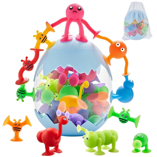 Suction Toys For Baby, Bath Toys For Kids Ages 4-8, 40pcs Toddler Stress Release Sensory Toys, Silicone Suction Cup Animal With Dinosaur Eggshell Storage, Educational Gift For Boys Girls Age 3+
