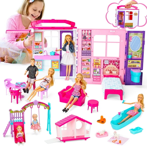 Doll House Style Shine, portátil y plegable, con más de 60 unidades y 2 muñecas